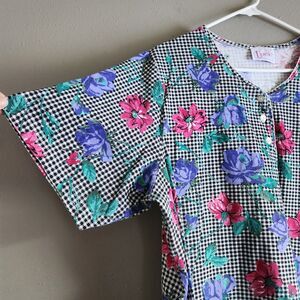 XXL Vintage Upscale Floral Gingham Button Front Women’s Short Sleeve Cottagecore